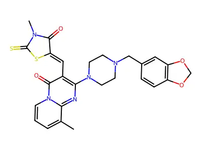 2-[4-(1,3-benzodioxol-5-ylmethyl)piperazin-1-yl]-9-methyl-3-[(Z)-(3-methyl-4-oxo-2-thioxo-1,3-thiazolidin-5-ylidene)methyl]-4H-pyrido[1,2-a]pyrimidin-4-one structure