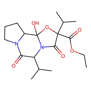 ethyl 10b-hydroxy-3,6-dioxo-2,5-di(propan-2-yl)octahydro-8H-[1,3]oxazolo[3,2-a]pyrrolo[2,1-c]pyrazine-2-carboxylate structure
