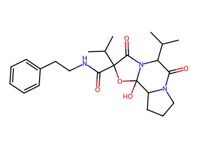 10b-Hydroxy-3,6-dioxo-N-(2-phenylethyl)-2,5-di(propan-2-yl)octahydro-8H-[1,3]oxazolo[3,2-a]pyrrolo[2,1-c]pyrazine-2-carboximidic acid structure