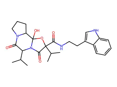 10b-Hydroxy-N-[2-(1H-indol-3-yl)ethyl]-3,6-dioxo-2,5-di(propan-2-yl)octahydro-8H-[1,3]oxazolo[3,2-a]pyrrolo[2,1-c]pyrazine-2-carboximidic acid structure