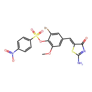 [4-[(Z)-(2-amino-4-oxo-1,3-thiazol-5-ylidene)methyl]-2-bromo-6-methoxyphenyl] 4-nitrobenzenesulfonate structure