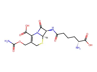 (7-(5-Amino-5-carboxyvaleramido)-3-carbamoyloxymethyl-3-cephem-4-carboxylic acid) structure