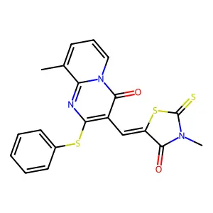 9-methyl-3-[(Z)-(3-methyl-4-oxo-2-thioxo-1,3-thiazolidin-5-ylidene)methyl]-2-(phenylsulfanyl)-4H-pyrido[1,2-a]pyrimidin-4-one structure