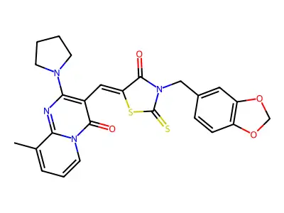 3-{(Z)-[3-(1,3-benzodioxol-5-ylmethyl)-4-oxo-2-thioxo-1,3-thiazolidin-5-ylidene]methyl}-9-methyl-2-(pyrrolidin-1-yl)-4H-pyrido[1,2-a]pyrimidin-4-one structure