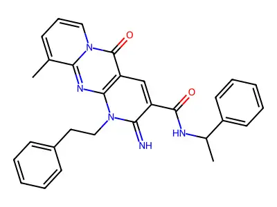 2-imino-10-methyl-5-oxo-1-phenethyl-N-(1-phenylethyl)-2,5-dihydro-1H-dipyrido[1,2-a:2',3'-d]pyrimidine-3-carboxamide structure