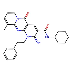 N-cyclohexyl-2-imino-10-methyl-5-oxo-1-(2-phenylethyl)-1,5-dihydro-2H-dipyrido[1,2-a:2',3'-d]pyrimidine-3-carboxamide structure
