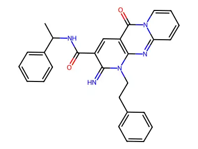 2-imino-5-oxo-N-(1-phenylethyl)-1-(2-phenylethyl)-1,5-dihydro-2H-dipyrido[1,2-a:2',3'-d]pyrimidine-3-carboxamide structure