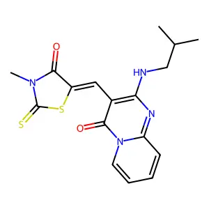 3-[(Z)-(3-methyl-4-oxo-2-thioxo-1,3-thiazolidin-5-ylidene)methyl]-2-[(2-methylpropyl)amino]-4H-pyrido[1,2-a]pyrimidin-4-one structure