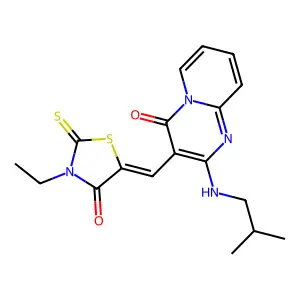 3-[(Z)-(3-ethyl-4-oxo-2-thioxo-1,3-thiazolidin-5-ylidene)methyl]-2-[(2-methylpropyl)amino]-4H-pyrido[1,2-a]pyrimidin-4-one structure