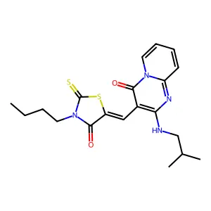 3-[(Z)-(3-butyl-4-oxo-2-thioxo-1,3-thiazolidin-5-ylidene)methyl]-2-[(2-methylpropyl)amino]-4H-pyrido[1,2-a]pyrimidin-4-one structure