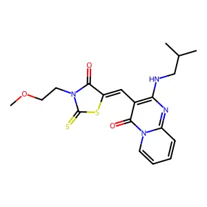 3-{(Z)-[3-(2-methoxyethyl)-4-oxo-2-thioxo-1,3-thiazolidin-5-ylidene]methyl}-2-[(2-methylpropyl)amino]-4H-pyrido[1,2-a]pyrimidin-4-one structure