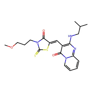 3-{(Z)-[3-(3-methoxypropyl)-4-oxo-2-thioxo-1,3-thiazolidin-5-ylidene]methyl}-2-[(2-methylpropyl)amino]-4H-pyrido[1,2-a]pyrimidin-4-one structure