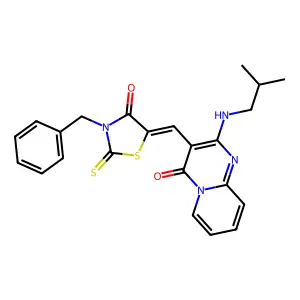 3-[(Z)-(3-benzyl-4-oxo-2-thioxo-1,3-thiazolidin-5-ylidene)methyl]-2-[(2-methylpropyl)amino]-4H-pyrido[1,2-a]pyrimidin-4-one structure