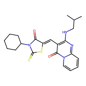 3-[(Z)-(3-cyclohexyl-4-oxo-2-thioxo-1,3-thiazolidin-5-ylidene)methyl]-2-[(2-methylpropyl)amino]-4H-pyrido[1,2-a]pyrimidin-4-one structure