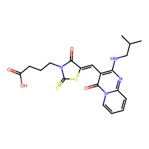 4-[(5Z)-5-({2-[(2-methylpropyl)amino]-4-oxo-4H-pyrido[1,2-a]pyrimidin-3-yl}methylidene)-4-oxo-2-thioxo-1,3-thiazolidin-3-yl]butanoic acid structure