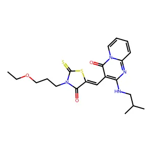 3-{(Z)-[3-(3-ethoxypropyl)-4-oxo-2-thioxo-1,3-thiazolidin-5-ylidene]methyl}-2-[(2-methylpropyl)amino]-4H-pyrido[1,2-a]pyrimidin-4-one structure