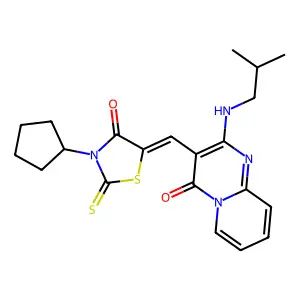 3-[(Z)-(3-cyclopentyl-4-oxo-2-thioxo-1,3-thiazolidin-5-ylidene)methyl]-2-[(2-methylpropyl)amino]-4H-pyrido[1,2-a]pyrimidin-4-one structure