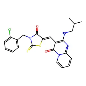 3-{(Z)-[3-(2-chlorobenzyl)-4-oxo-2-thioxo-1,3-thiazolidin-5-ylidene]methyl}-2-[(2-methylpropyl)amino]-4H-pyrido[1,2-a]pyrimidin-4-one structure