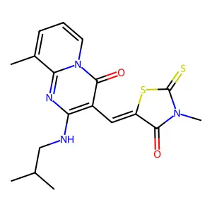 9-methyl-3-[(Z)-(3-methyl-4-oxo-2-thioxo-1,3-thiazolidin-5-ylidene)methyl]-2-[(2-methylpropyl)amino]-4H-pyrido[1,2-a]pyrimidin-4-one structure