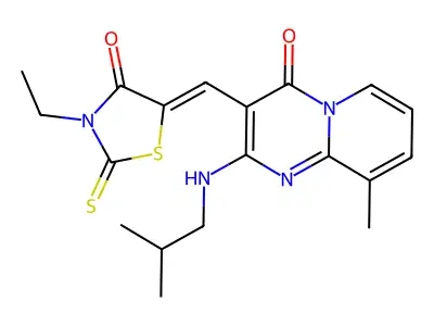 3-[(Z)-(3-ethyl-4-oxo-2-thioxo-1,3-thiazolidin-5-ylidene)methyl]-9-methyl-2-[(2-methylpropyl)amino]-4H-pyrido[1,2-a]pyrimidin-4-one structure