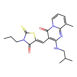 9-methyl-2-[(2-methylpropyl)amino]-3-[(Z)-(4-oxo-3-propyl-2-thioxo-1,3-thiazolidin-5-ylidene)methyl]-4H-pyrido[1,2-a]pyrimidin-4-one structure