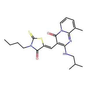 3-[(Z)-(3-butyl-4-oxo-2-thioxo-1,3-thiazolidin-5-ylidene)methyl]-9-methyl-2-[(2-methylpropyl)amino]-4H-pyrido[1,2-a]pyrimidin-4-one structure