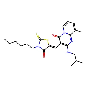 3-[(Z)-(3-hexyl-4-oxo-2-thioxo-1,3-thiazolidin-5-ylidene)methyl]-9-methyl-2-[(2-methylpropyl)amino]-4H-pyrido[1,2-a]pyrimidin-4-one structure