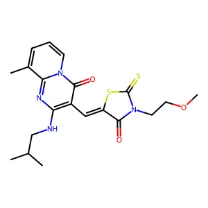 3-{(Z)-[3-(2-methoxyethyl)-4-oxo-2-thioxo-1,3-thiazolidin-5-ylidene]methyl}-9-methyl-2-[(2-methylpropyl)amino]-4H-pyrido[1,2-a]pyrimidin-4-one structure