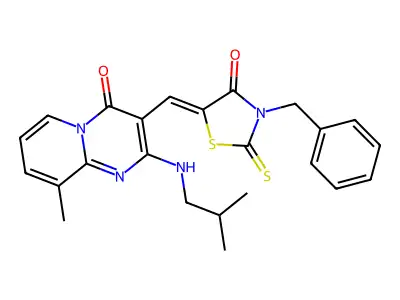 3-[(Z)-(3-benzyl-4-oxo-2-thioxo-1,3-thiazolidin-5-ylidene)methyl]-9-methyl-2-[(2-methylpropyl)amino]-4H-pyrido[1,2-a]pyrimidin-4-one structure