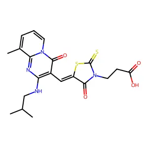 3-[(5Z)-5-({9-methyl-2-[(2-methylpropyl)amino]-4-oxo-4H-pyrido[1,2-a]pyrimidin-3-yl}methylidene)-4-oxo-2-thioxo-1,3-thiazolidin-3-yl]propanoic acid structure