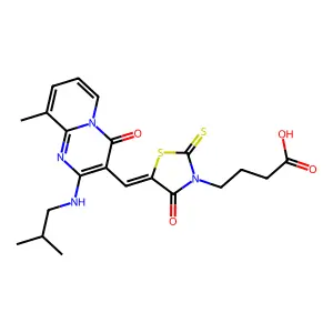 4-[(5Z)-5-({9-methyl-2-[(2-methylpropyl)amino]-4-oxo-4H-pyrido[1,2-a]pyrimidin-3-yl}methylidene)-4-oxo-2-thioxo-1,3-thiazolidin-3-yl]butanoic acid structure