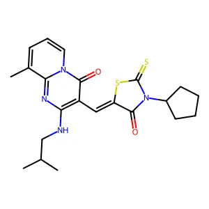 3-[(Z)-(3-cyclopentyl-4-oxo-2-thioxo-1,3-thiazolidin-5-ylidene)methyl]-9-methyl-2-[(2-methylpropyl)amino]-4H-pyrido[1,2-a]pyrimidin-4-one structure