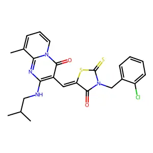3-{(Z)-[3-(2-chlorobenzyl)-4-oxo-2-thioxo-1,3-thiazolidin-5-ylidene]methyl}-9-methyl-2-[(2-methylpropyl)amino]-4H-pyrido[1,2-a]pyrimidin-4-one structure