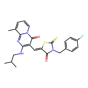 3-{(Z)-[3-(4-fluorobenzyl)-4-oxo-2-thioxo-1,3-thiazolidin-5-ylidene]methyl}-9-methyl-2-[(2-methylpropyl)amino]-4H-pyrido[1,2-a]pyrimidin-4-one structure
