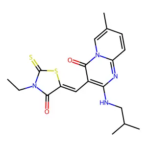 3-[(Z)-(3-ethyl-4-oxo-2-thioxo-1,3-thiazolidin-5-ylidene)methyl]-7-methyl-2-[(2-methylpropyl)amino]-4H-pyrido[1,2-a]pyrimidin-4-one structure