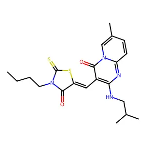 3-[(Z)-(3-butyl-4-oxo-2-thioxo-1,3-thiazolidin-5-ylidene)methyl]-7-methyl-2-[(2-methylpropyl)amino]-4H-pyrido[1,2-a]pyrimidin-4-one structure