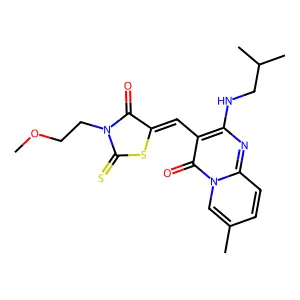 3-{(Z)-[3-(2-methoxyethyl)-4-oxo-2-thioxo-1,3-thiazolidin-5-ylidene]methyl}-7-methyl-2-[(2-methylpropyl)amino]-4H-pyrido[1,2-a]pyrimidin-4-one structure