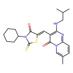 3-[(Z)-(3-cyclohexyl-4-oxo-2-thioxo-1,3-thiazolidin-5-ylidene)methyl]-7-methyl-2-[(2-methylpropyl)amino]-4H-pyrido[1,2-a]pyrimidin-4-one structure