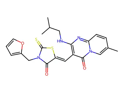 (Z)-3-(furan-2-ylmethyl)-5-((2-(isobutylamino)-7-methyl-4-oxo-4H-pyrido[1,2-a]pyrimidin-3-yl)methylene)-2-thioxothiazolidin-4-one structure