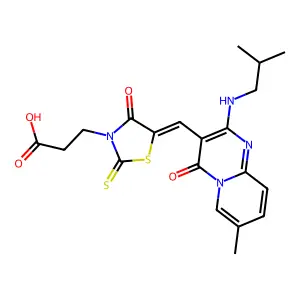 3-[(5Z)-5-({7-methyl-2-[(2-methylpropyl)amino]-4-oxo-4H-pyrido[1,2-a]pyrimidin-3-yl}methylidene)-4-oxo-2-thioxo-1,3-thiazolidin-3-yl]propanoic acid structure