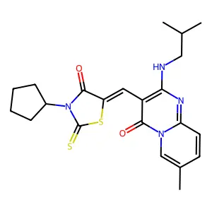 3-[(Z)-(3-cyclopentyl-4-oxo-2-thioxo-1,3-thiazolidin-5-ylidene)methyl]-7-methyl-2-[(2-methylpropyl)amino]-4H-pyrido[1,2-a]pyrimidin-4-one structure
