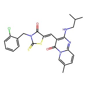 3-{(Z)-[3-(2-chlorobenzyl)-4-oxo-2-thioxo-1,3-thiazolidin-5-ylidene]methyl}-7-methyl-2-[(2-methylpropyl)amino]-4H-pyrido[1,2-a]pyrimidin-4-one structure