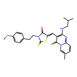3-[(Z)-{3-[2-(4-methoxyphenyl)ethyl]-4-oxo-2-thioxo-1,3-thiazolidin-5-ylidene}methyl]-7-methyl-2-[(2-methylpropyl)amino]-4H-pyrido[1,2-a]pyrimidin-4-one structure