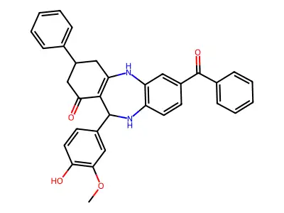2-benzoyl-6-(4-hydroxy-3-methoxyphenyl)-9-phenyl-5,6,8,9,10,11-hexahydrobenzo[b][1,4]benzodiazepin-7-one structure