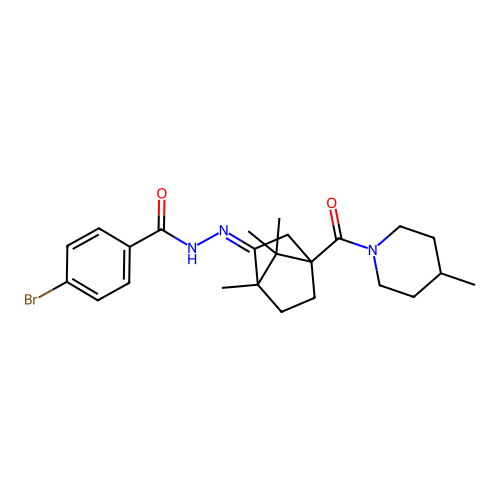 (Z)-4-bromo-N'-(1,7,7-trimethyl-4-(4-methylpiperidine-1-carbonyl)bicyclo[2.2.1]heptan-2-ylidene)benzohydrazide structure