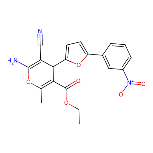 ethyl 6-amino-5-cyano-2-methyl-4-[5-(3-nitrophenyl)furan-2-yl]-4H-pyran-3-carboxylate structure