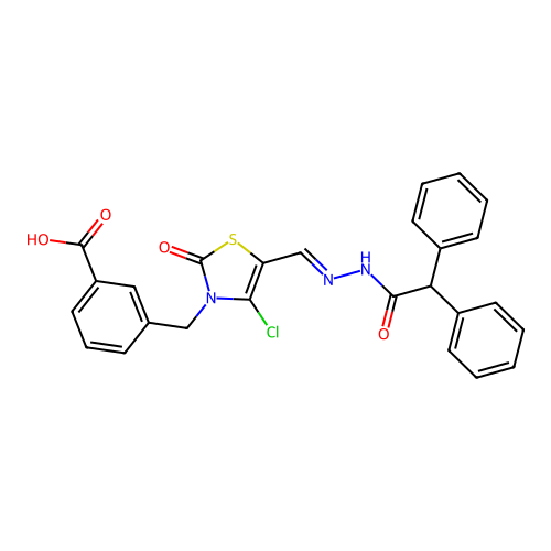 (E)-3-((4-chloro-5-((2-(2,2-diphenylacetyl)hydrazono)methyl)-2-oxothiazol-3(2H)-yl)methyl)benzoic acid structure
