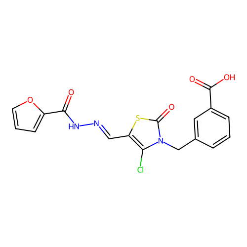 (E)-3-((4-chloro-5-((2-(furan-2-carbonyl)hydrazono)methyl)-2-oxothiazol-3(2H)-yl)methyl)benzoic acid structure