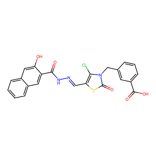 (E)-3-((4-chloro-5-((2-(3-hydroxy-2-naphthoyl)hydrazono)methyl)-2-oxothiazol-3(2H)-yl)methyl)benzoic acid structure