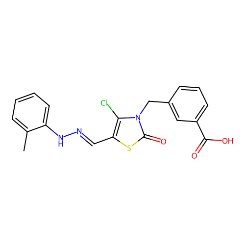 3-[4-Chloro-2-oxo-5-(o-tolyl-hydrazonomethyl)-thiazol-3-ylmethyl]-benzoic acid structure